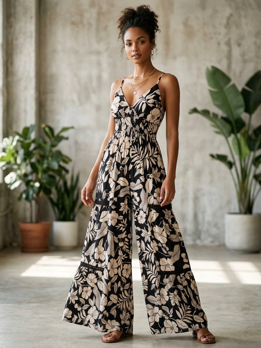 Black & Cream Floral Wide-Leg Jumpsuit